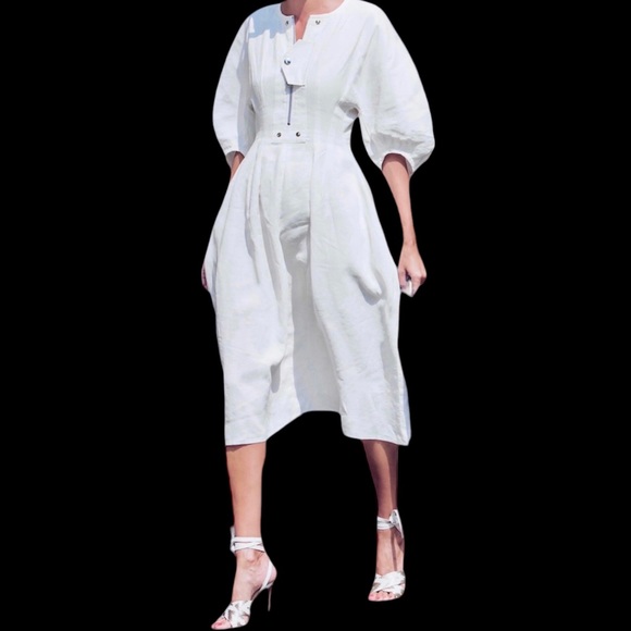 CÉLINE OFF WHITE LINEN DRESS WITH PUFF SLEEVES SIZE 42 BY PHOEBE PHILO - Picture 12 of 16
